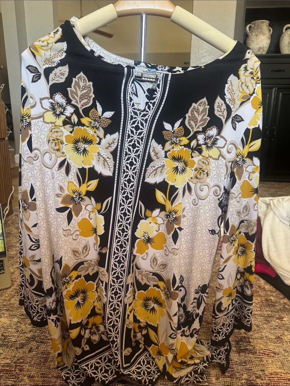 JM Collection Black, White & Yellow Floral Print Blouse